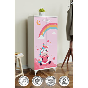 Çocuk Odası Unicorn Dreams Beyaz Dolap 3 Raflı Çok Amaçlı Baskılı Oyuncak Dolabıc