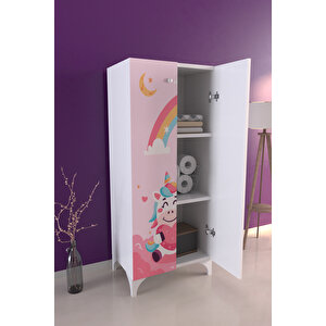 Çocuk Odası Unicorn Dreams Beyaz Dolap 3 Raflı Çok Amaçlı Baskılı Oyuncak Dolabıc