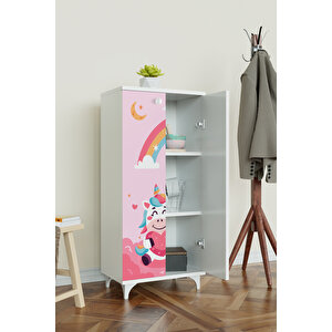 Çocuk Odası Unicorn Dreams Beyaz Dolap 3 Raflı Çok Amaçlı Baskılı Oyuncak Dolabıc