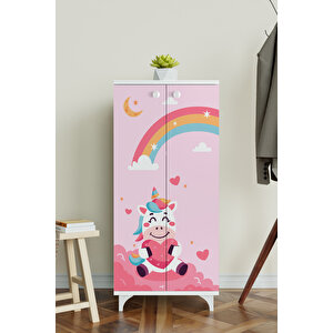 Çocuk Odası Unicorn Dreams Beyaz Dolap 3 Raflı Çok Amaçlı Baskılı Oyuncak Dolabıc