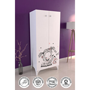 Happy Girl Çocuk Odası Beyaz Dolap 3 Raflı Çok Amaçlı Baskılı Oyuncak Dolabı