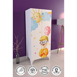Sunny Day Çocuk Odası Beyaz Dolap 3 Raflı Çok Amaçlı Baskılı Oyuncak Dolabı