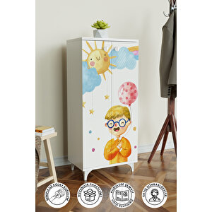 Sunny Day Çocuk Odası Beyaz Dolap 3 Raflı Çok Amaçlı Baskılı Oyuncak Dolabı