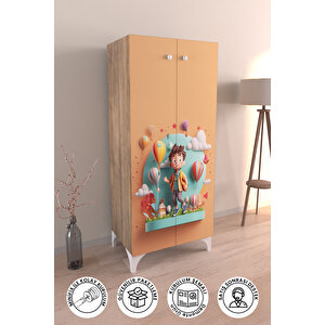 Happy Kid Baskılı Çocuk Odası Beyaz Dolap 3 Raflı Çok Amaçlı Oyuncak Dolabı