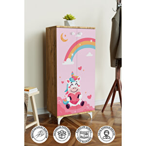 Çocuk Odası Unicorn Dreams Beyaz Dolap 3 Raflı Çok Amaçlı Baskılı Oyuncak Dolabı