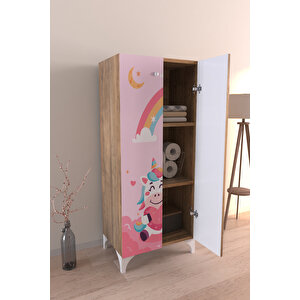 Çocuk Odası Unicorn Dreams Beyaz Dolap 3 Raflı Çok Amaçlı Baskılı Oyuncak Dolabı