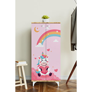 Çocuk Odası Unicorn Dreams Beyaz Dolap 3 Raflı Çok Amaçlı Baskılı Oyuncak Dolabı