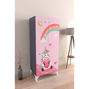 Çocuk Odası Unicorn Dreams Beyaz Dolap 3 Raflı Çok Amaçlı Baskılı Oyuncak Dolabı