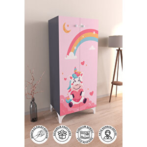 Çocuk Odası Unicorn Dreams Beyaz Dolap 3 Raflı Çok Amaçlı Baskılı Oyuncak Dolabı