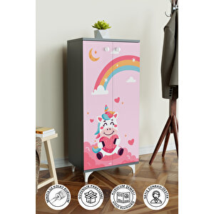 Çocuk Odası Unicorn Dreams Beyaz Dolap 3 Raflı Çok Amaçlı Baskılı Oyuncak Dolabı