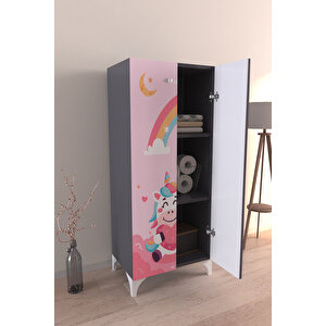 Çocuk Odası Unicorn Dreams Beyaz Dolap 3 Raflı Çok Amaçlı Baskılı Oyuncak Dolabı