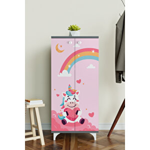 Çocuk Odası Unicorn Dreams Beyaz Dolap 3 Raflı Çok Amaçlı Baskılı Oyuncak Dolabı