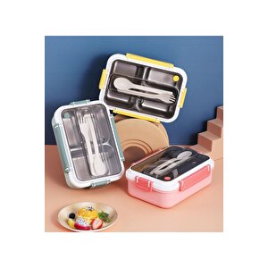 Vagonlife Bento 1000ml Lunchbox Yeni Koleksiyon Tek Katlı 3 Bölmeli Çelik Sefer Tası Yemek Kutusu Lacivert-sarı