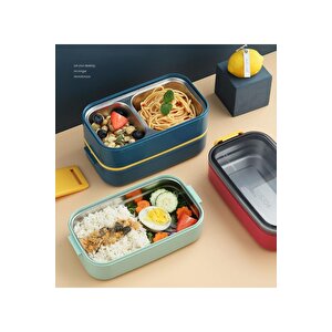 Vagonlife Bento 1400ml Lunchbox Yeni Koleksiyon Iki Katlı 2 Bölmeli Çelik Sefer Tası Yemek Kutusu Lacivert-sarı