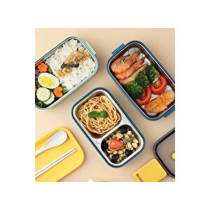 Vagonlife Bento 1400ml Lunchbox Yeni Koleksiyon Iki Katlı 2 Bölmeli Çelik Sefer Tası Yemek Kutusu Lacivert-sarı