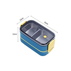 Vagonlife Bento 1400ml Lunchbox Yeni Koleksiyon Iki Katlı 2 Bölmeli Çelik Sefer Tası Yemek Kutusu Lacivert-sarı