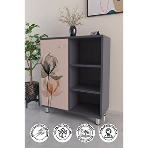 3 Raflı Tek Kapak Soyut Çiçek Çok Amaçlı Dolabı Mutfak Ofis Banyo Balkon Salon Dolabı