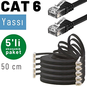 Irenis 5 Adet 50 Cm Cat6 Kablo Yassı Ethernet Network Lan Ağ İnternet Kablosu Siyah