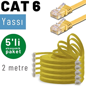 Irenis 5 Adet 2 Metre Cat6 Kablo Yassı Ethernet Network Lan Ağ İnternet Kablosu Sarı