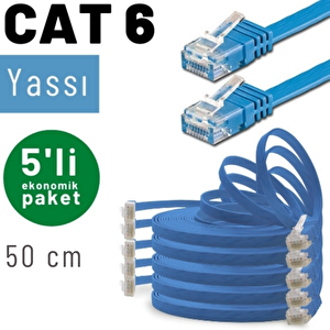 Irenis 5 Adet 50 Cm Cat6 Kablo Yassı Ethernet Network Lan Ağ İnternet Kablosu Mavi