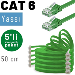 Irenis 5 Adet 50 Cm Cat6 Kablo Yassı Ethernet Network Lan Ağ İnternet Kablosu Yeşil