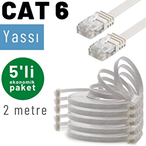Irenis 5 Adet 2 Metre Cat6 Kablo Yassı Ethernet Network Lan Ağ İnternet Kablosu Beyaz