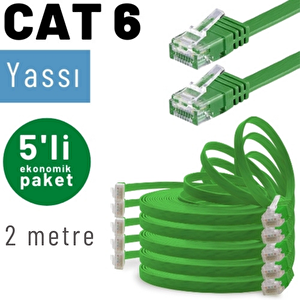 Irenis 5 Adet 2 Metre Cat6 Kablo Yassı Ethernet Network Lan Ağ İnternet Kablosu Yeşil