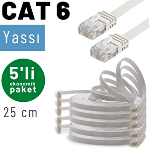 Irenis 5 Adet 25 Cm Cat6 Kablo Yassı Ethernet Network Lan Ağ İnternet Kablosu Beyaz