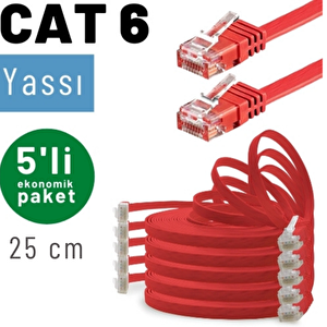 Irenis 5 Adet 25 Cm Cat6 Kablo Yassı Ethernet Network Lan Ağ İnternet Kablosu Kırmızı
