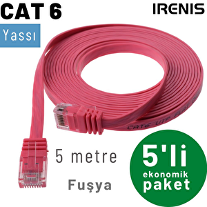 Irenis 5 Adet 5 Metre Cat6 Kablo Yassı Ethernet Network Lan Ağ İnternet Kablosu Fuşya