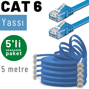 Irenis 5 Adet 5 Metre Cat6 Kablo Yassı Ethernet Network Lan Ağ İnternet Kablosu Mavi
