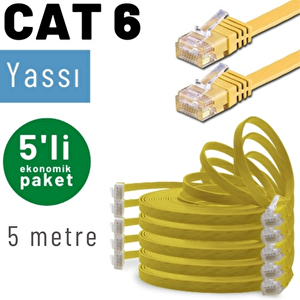 Irenis 5 Adet 5 Metre Cat6 Kablo Yassı Ethernet Network Lan Ağ İnternet Kablosu Sarı