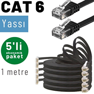 Irenis 5 Adet 1 Metre Cat6 Kablo Yassı Ethernet Network Lan Ağ İnternet Kablosu Siyah