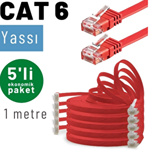 Irenis 5 Adet 1 Metre Cat6 Kablo Yassı Ethernet Network Lan Ağ İnternet Kablosu Kırmızı