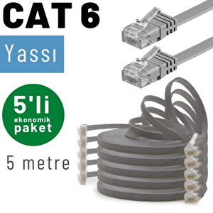 Irenis 5 Adet 5 Metre Cat6 Kablo Yassı Ethernet Network Lan Ağ İnternet Kablosu Gri