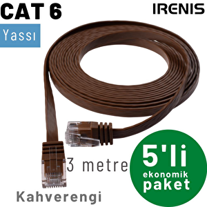 Irenis 5 Adet 3 Metre Cat6 Kablo Yassı Ethernet Network Lan Ağ İnternet Kablosu Kahveregi