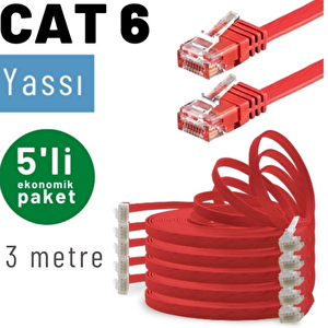 Irenis 5 Adet 3 Metre Cat6 Kablo Yassı Ethernet Network Lan Ağ İnternet Kablosu Kırmızı
