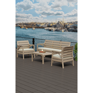 Holiday Plastik Hawaii Bahçe Balkon Oturma Grubu Koltuk Takımı 5 Kişilik Minderli Set Cappucino Hw02
