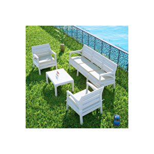 Hawaii Bahçe Balkon Oturma Grubu Koltuk Takımı 5 Kişilik Minderli Set Beyaz Hw01