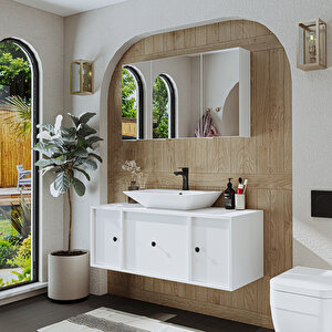 Roomart Lavabolu Mat Mdf 120 Cm Çekmeceli Banyo Dolabı + Aynalı Üst Dolabı