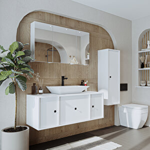 Lavabolu Mat Mdf 120 Cm Çekmeceli Banyo Dolabı + Aynalı Üst Dolabı + Boy Dolabı Beyaz