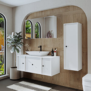 Roomart Lavabolu Mat Mdf 120 Cm Çekmeceli Banyo Dolabı + Aynalı Üst Dolabı + Boy Dolabı