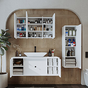 Roomart Lavabolu Mat Mdf 120 Cm Çekmeceli Banyo Dolabı + Aynalı Üst Dolabı + Boy Dolabı