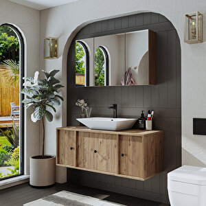 Roomart Lavabolu Mat Mdf 120 Cm Çekmeceli Banyo Dolabı + Aynalı Üst Dolabı