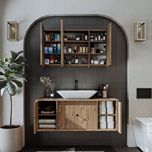 Roomart Lavabolu Mat Mdf 120 Cm Çekmeceli Banyo Dolabı + Aynalı Üst Dolabı