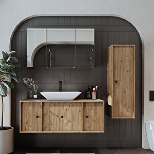 Lavabolu Mat Mdf 120 Cm Çekmeceli Banyo Dolabı + Aynalı Üst Dolabı + Boy Dolabı Atlantik Çam