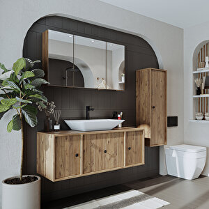 Lavabolu Mat Mdf 120 Cm Çekmeceli Banyo Dolabı + Aynalı Üst Dolabı + Boy Dolabı Atlantik Çam
