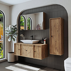 Roomart Lavabolu Mat Mdf 120 Cm Çekmeceli Banyo Dolabı + Aynalı Üst Dolabı + Boy Dolabı