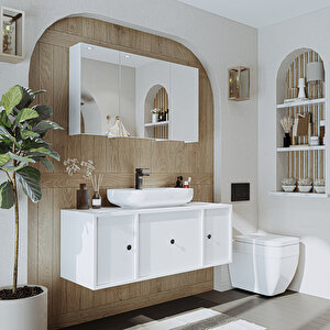 Roomart Oval Lavabolu Mat Mdf 120 Cm Çekmeceli Banyo Dolabı + Aynalı Üst Dolabı