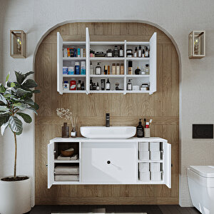 Roomart Oval Lavabolu Mat Mdf 120 Cm Çekmeceli Banyo Dolabı + Aynalı Üst Dolabı